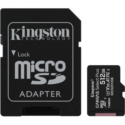 Kingston microSDXC 512GB Canvas Select Plus, UHS-I, U3, V30, čtení 100 MB/s, zápis 85MB/s) + SD adaptér