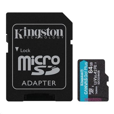 KINGSTON microSDXC 64GB Canvas Go! Plus A2 U3 V30 170MB/s + SD adaptér