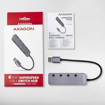 AXAGON HUE-MSA, 4x USB 3.2 Gen 1 SWITCH hub, kovový