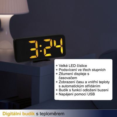 TFA Digitální budík s teploměrem a velkými LED číslicemi