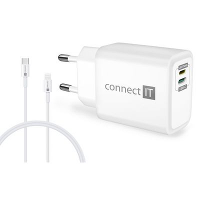 CONNECT IT DUPLEX Nabíjecí adaptér 1xLightning + 1×USB-C, 20W, kabel 27W, BÍLÝ