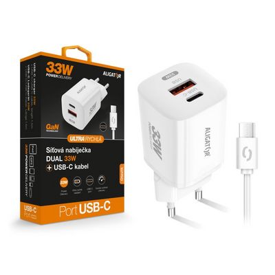 Rychlá nabíječka ALIGATOR GaN, PD 33W, USB-C/USB-C kabel, bílá