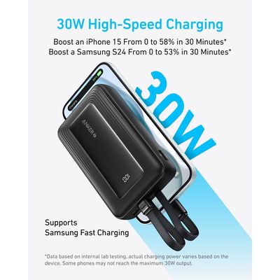 Anker Power Bank 20000mAh, 30W, s USB-C a Lightning kabelem, černá