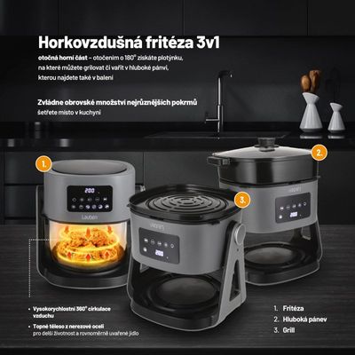 Lauben Glass&Grill Air Fryer 3in1 5500BG - horkovzdušná fritéza