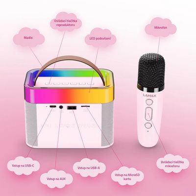 LAMAX KaraokeKid1, bluetooth reproduktor a mikrofon, růžový