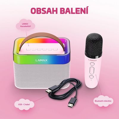 LAMAX KaraokeKid1, bluetooth reproduktor a mikrofon, růžový