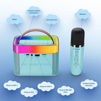 LAMAX KaraokeKid1, bluetooth reproduktor a mikrofon, modrý