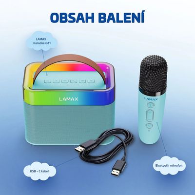 LAMAX KaraokeKid1, bluetooth reproduktor a mikrofon, modrý