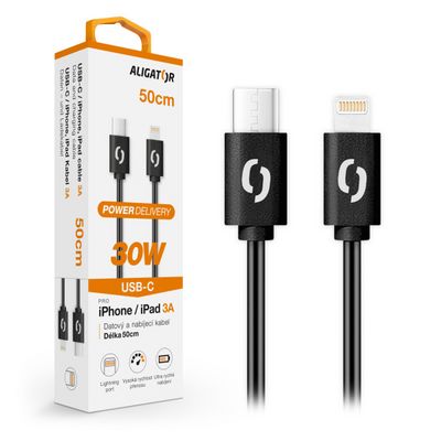 Datový kabel ALIGATOR POWER 30W, USB-C/Lightning 3A, 0,5m černý